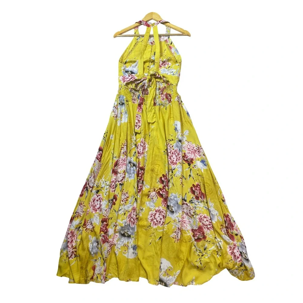 Jaase Yellow Floral Halter‎ Maxi Dress XL Crochet Smocked Vacay Tropical Boho